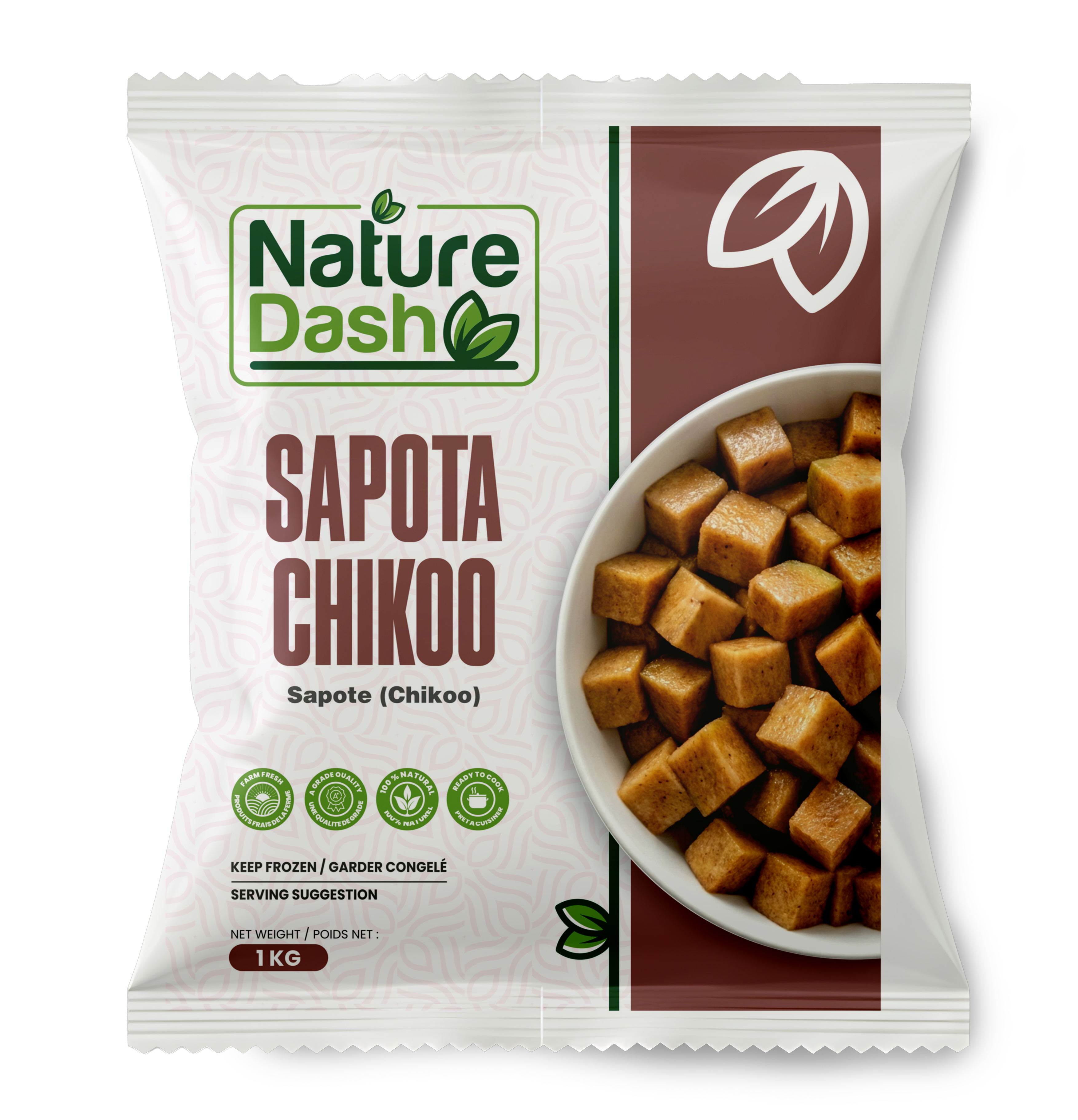 Nature Dash Frozen Sapota (Chikoo) Cubes 1KG | Premium Ready-to-Use Frozen Sapote