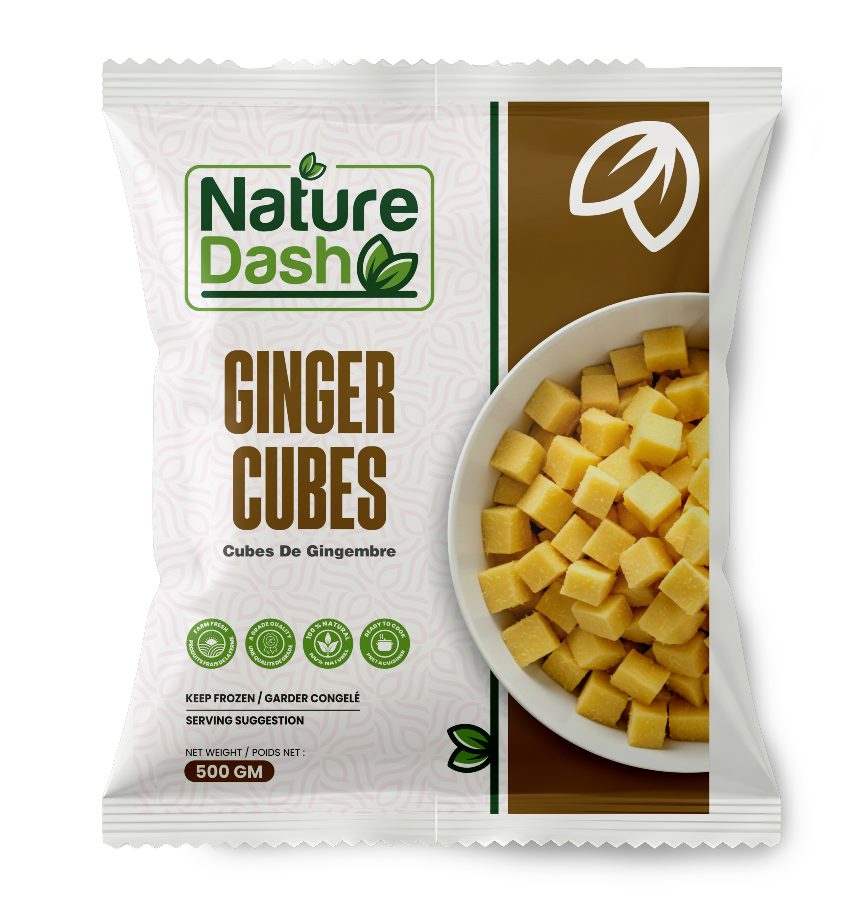 Nature Dash Frozen Ginger Cubes 500GM | Premium Ready-to-Cook Ginger