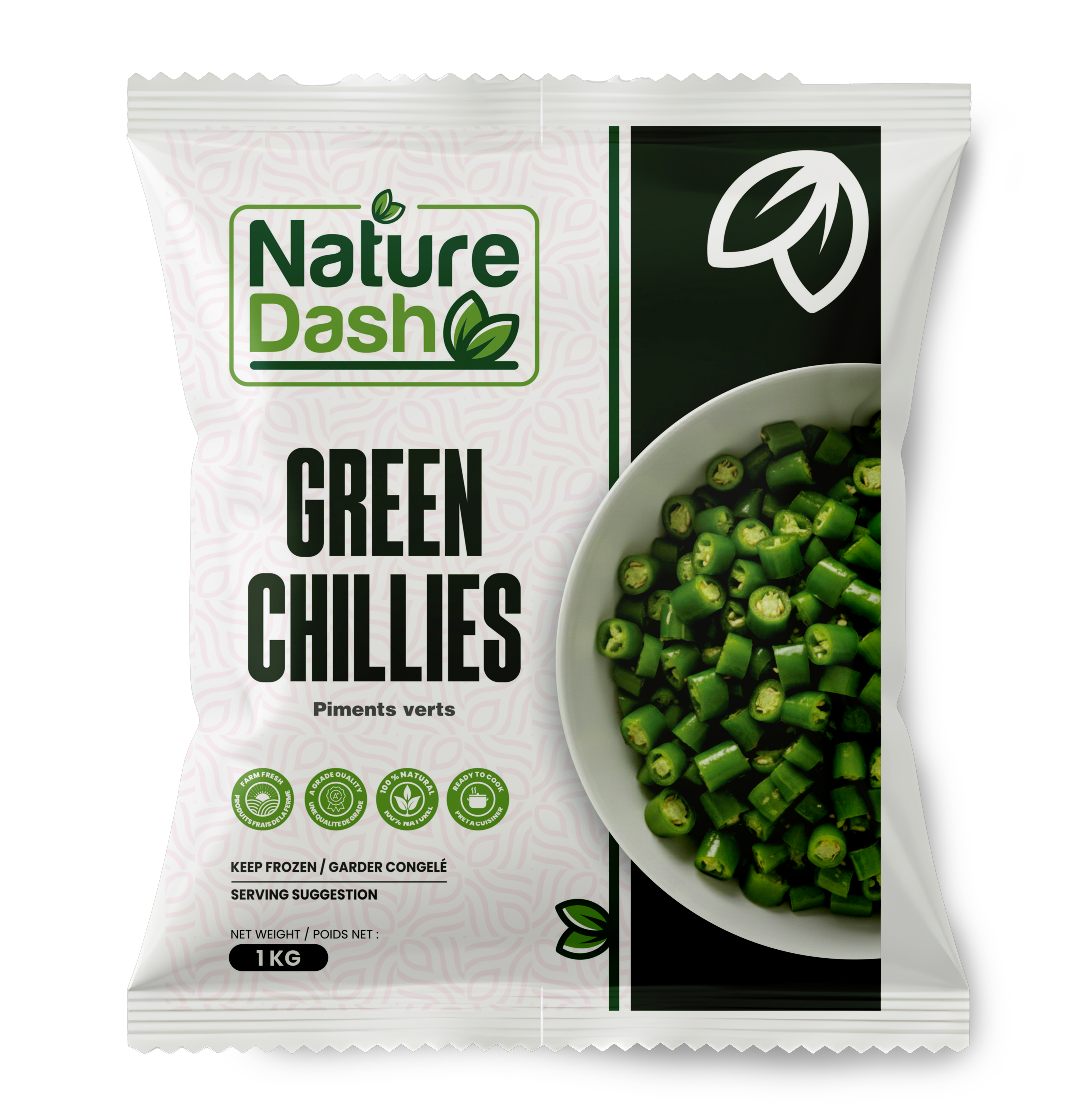 Nature Dash Frozen Green Chillies 1KG | Premium Ready-to-Cook Green Chili Cuts